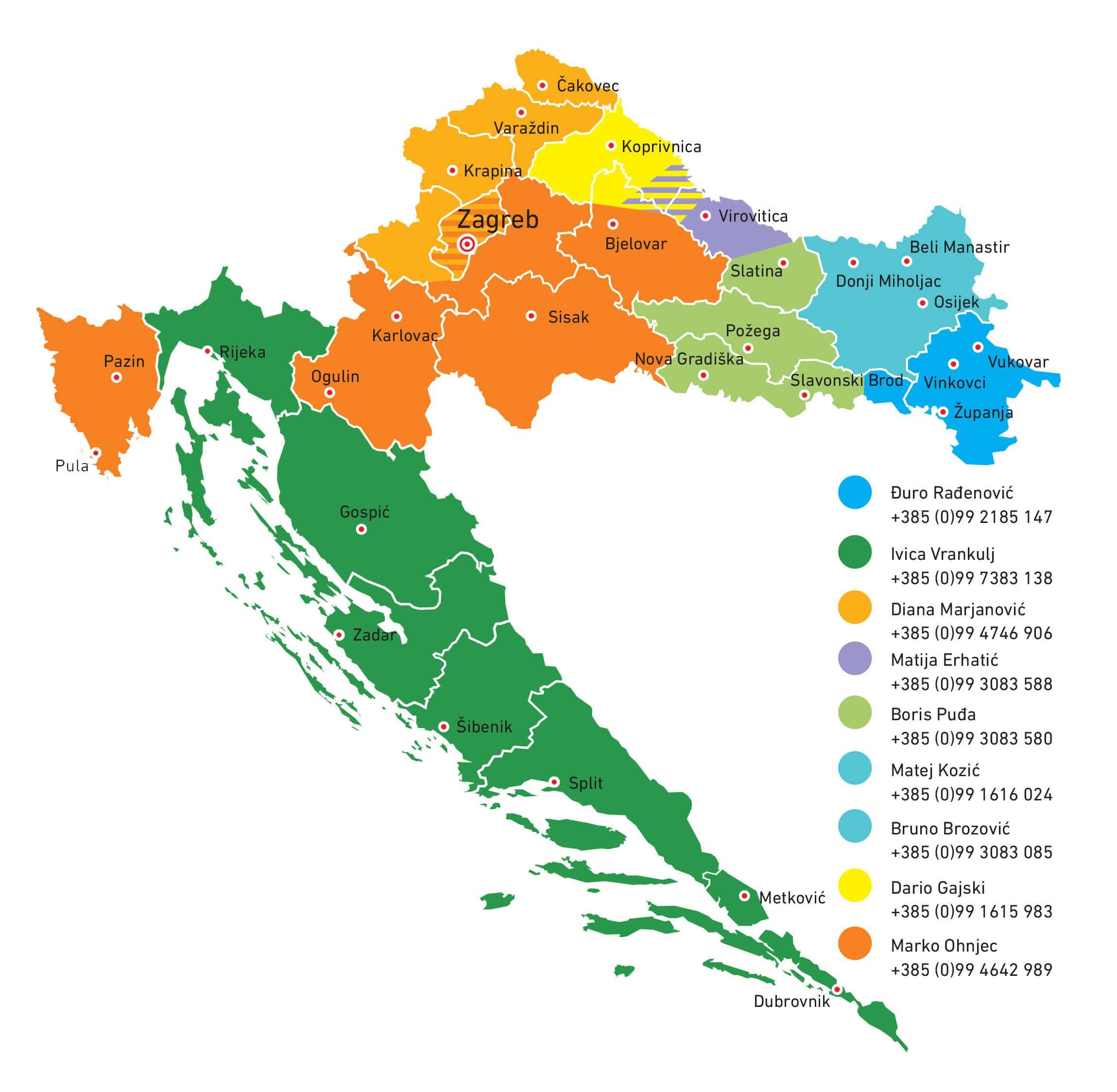 Područje rada pojedinih članova Agrimatco tima na karti Hrvatske.